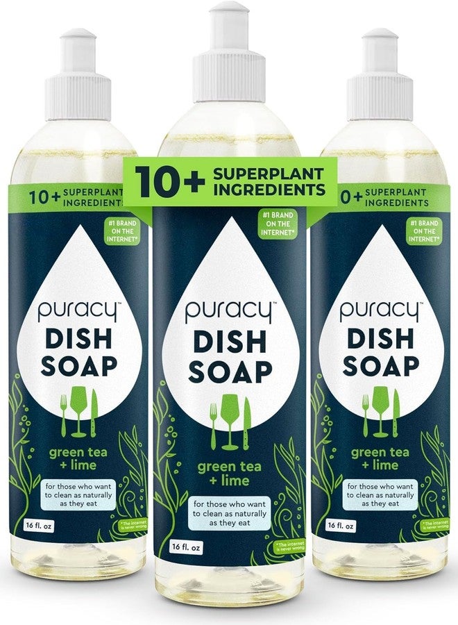 Puracy Natural Dish Soap Packs- Skin-Softening Plant-Based Dishwashing Soap, Non-Toxic Dish Soap, Organic Liquid Dishwashing Detergent Soap (Green Tea & Lime, 16 fl oz, 3 Pack) - Image 1