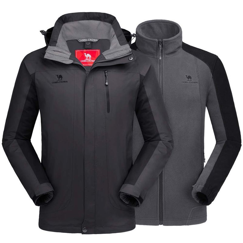 CAMEL CROWN Mens Ski Jacket 3 in 1 Waterproof Winter Jacket Snow Jacket Windproof Hooded with Inner Warm Fleece Coat Dark Grey