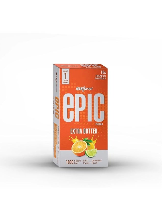 Manforce Epic Passion | Extra Dotted Condom for Intense Pleasure | Fruit Punch Flavour, 10 Pcs | With Disposable Pouch| Vegan | No Hard Chemicals| Super Thin| Lubricated Latex Condoms - Image 1