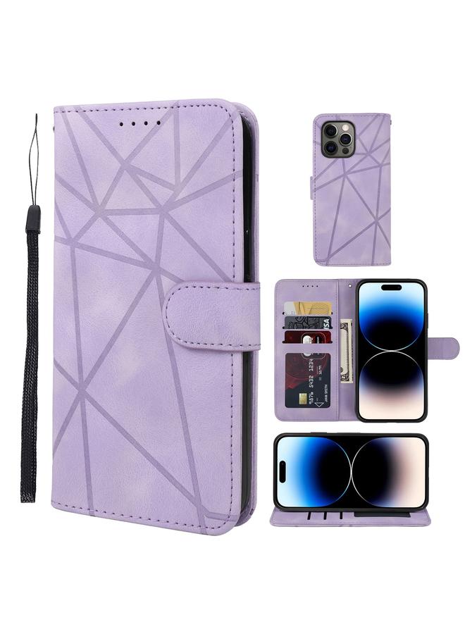 جراب جلدي لهاتف iPhone 14 Pro Max بخطوط هندسية (أرجواني)