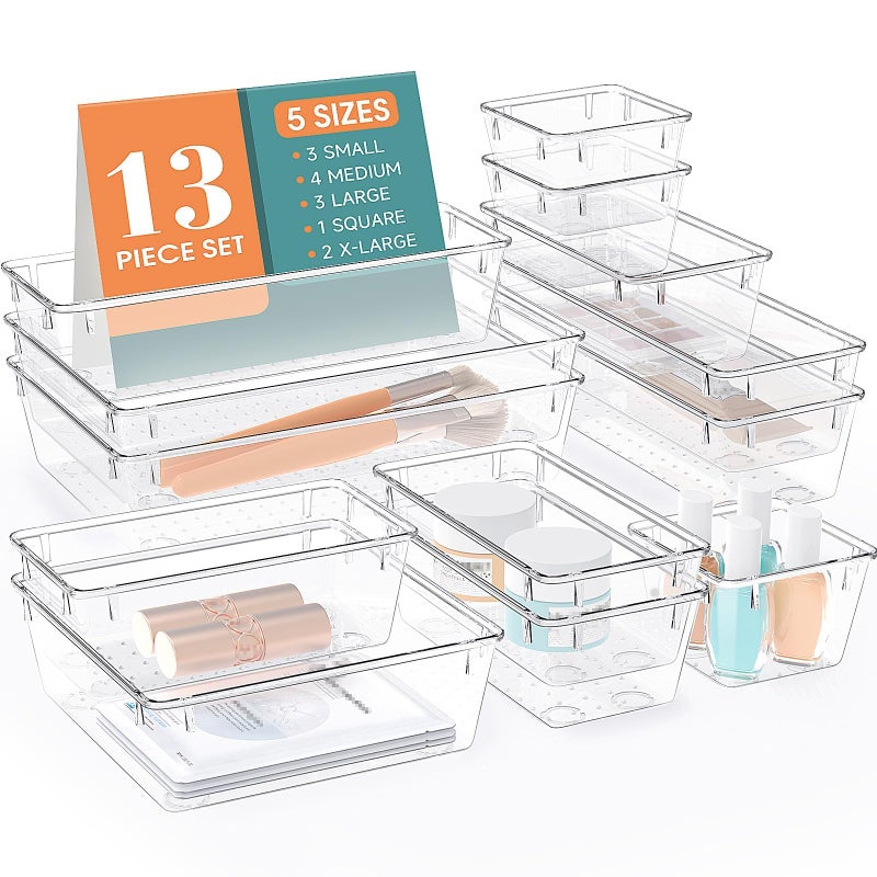 StorMiracle 13 PCS Drawer Organizer Set 5 Varied Size Bathroom and kitchen Drawer cabinet organizer Trays Clear Storage Bins for Makeup Jewelry Utensils and Gadgets