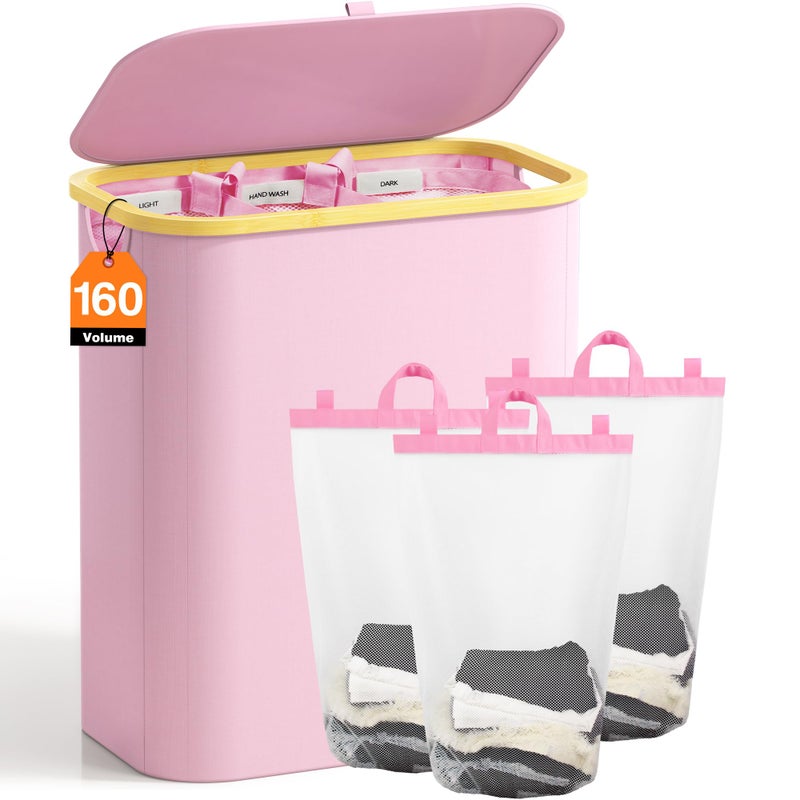 Hampers for Laundry Basket with Lid 160L Extra Large 3 Section Clothes Divided Organizer for Bedroom Laundry Room Dirty Clothing Hamper Pink