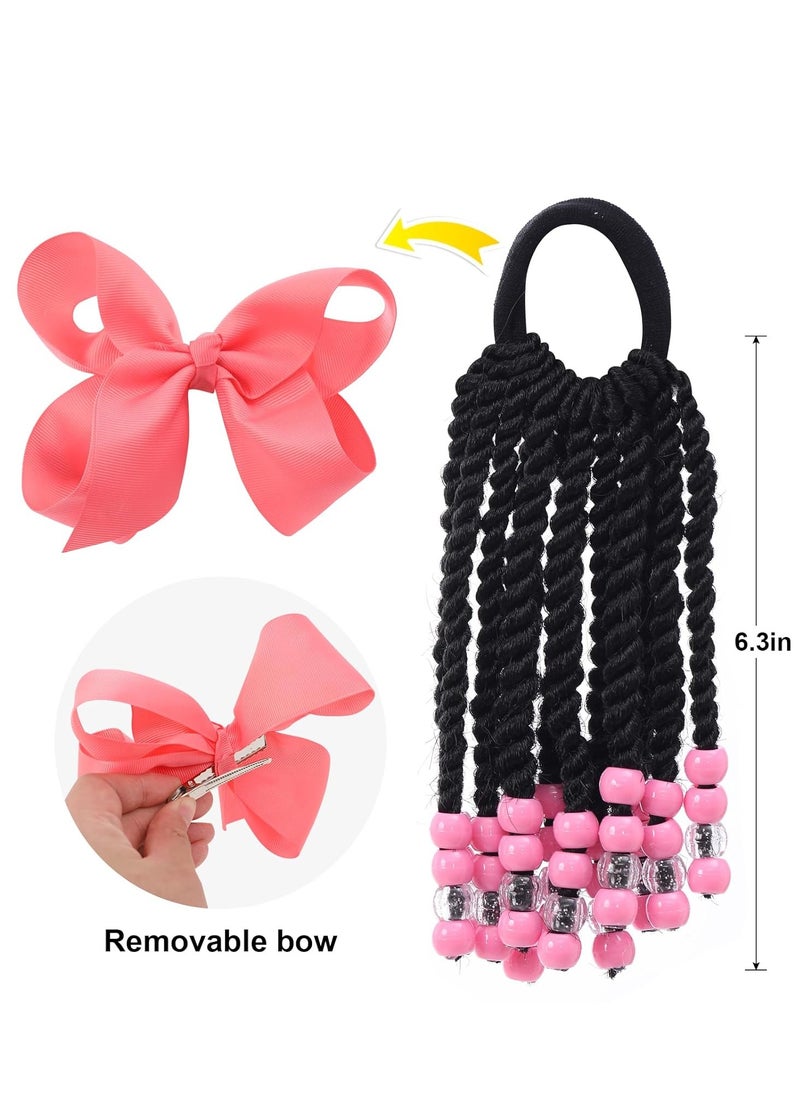 SYOSI - 12 Pieces Braid Extension, with Elastic Bowknot Tie Clip in Braids Hair, Extensions Wig for Children Girls Wigs with Bead Decoration Synthetic Hairpiece Black Color Natural Soft, Daily Wear - Image 1