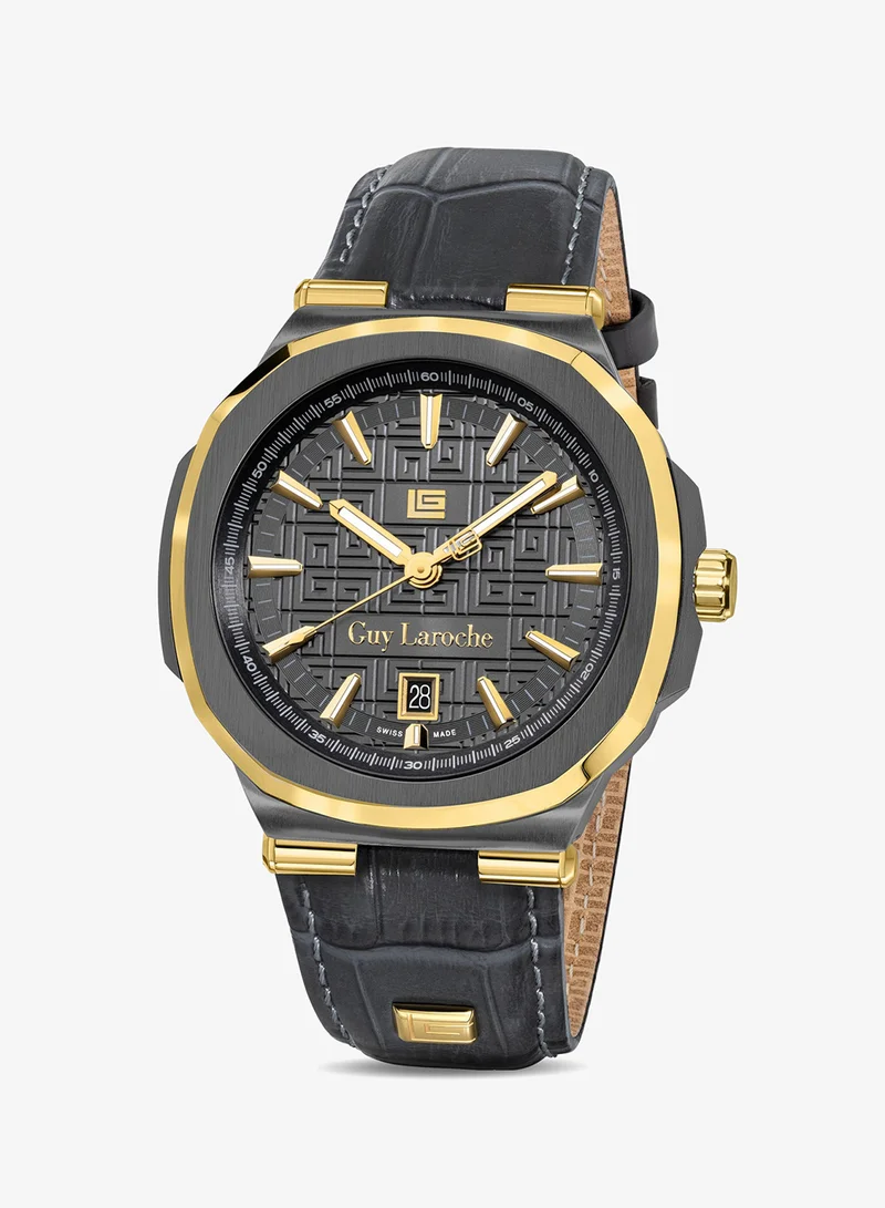 غاي لاروش Charlie Watch for Men with Grey Genuine Leather Strap 45 mm 5 Atm