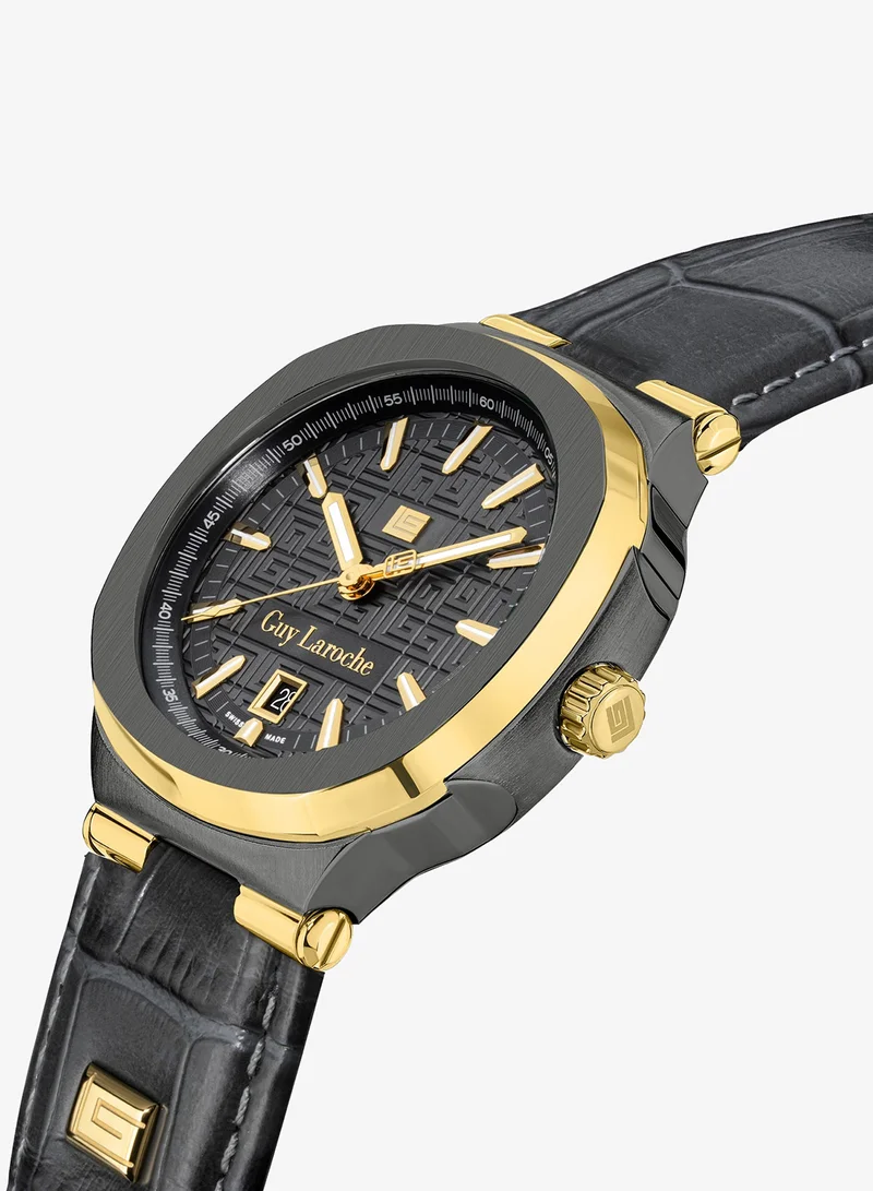 غاي لاروش Charlie Watch for Men with Grey Genuine Leather Strap 45 mm 5 Atm