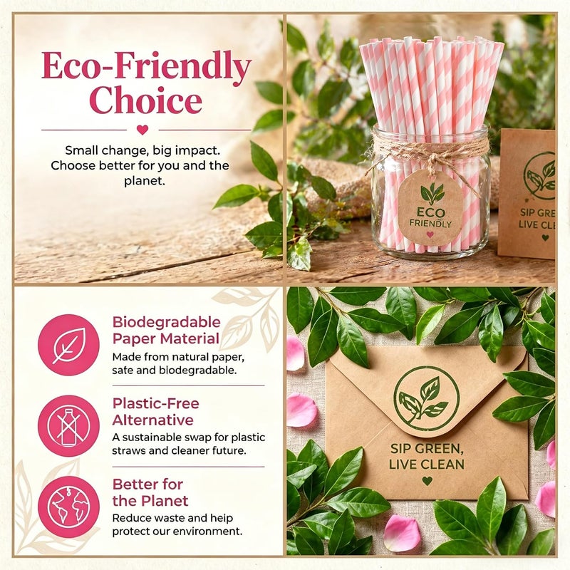 Haundry 100 Count Pink Striped Paper Straws, Biodegradable Disposable Drinking Straws for Bridal Shower, Brithday, Cocktails, Wedding, Baby Shower Party Decoration Supplies - Image 5