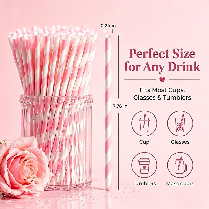 Haundry 100 Count Pink Striped Paper Straws, Biodegradable Disposable Drinking Straws for Bridal Shower, Brithday, Cocktails, Wedding, Baby Shower Party Decoration Supplies - Image 2
