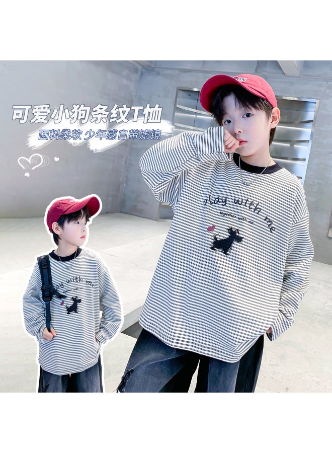 Boys' Autumn Korean Style Striped Cartoon Long Sleeve Loose T-shirt  New Children's Clothing Boys' Autumn Top
