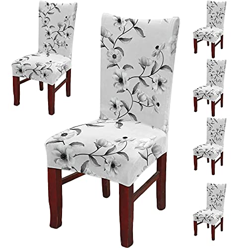 BRIDA Stretchable Polycotton Spandex Floral Printed Dining Chair Covers (6 Chair Cover, English Grey) - Image 1