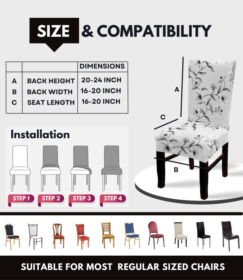 BRIDA Stretchable Polycotton Spandex Floral Printed Dining Chair Covers (6 Chair Cover, English Grey) - Image 4