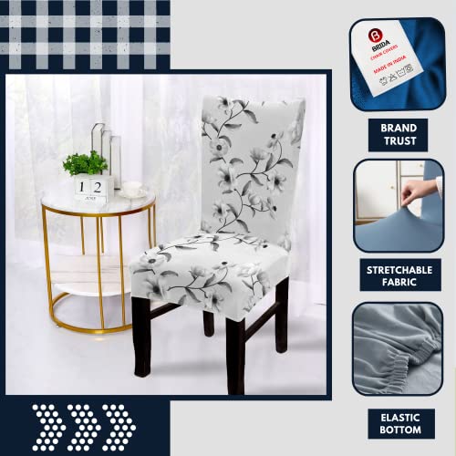 BRIDA Stretchable Polycotton Spandex Floral Printed Dining Chair Covers (6 Chair Cover, English Grey) - Image 2