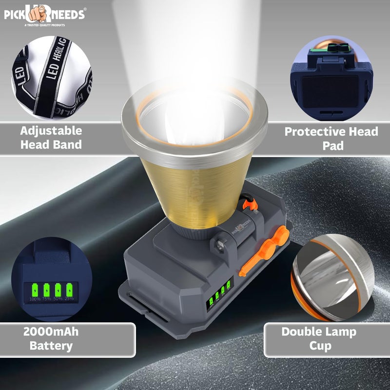 Pick Ur Needs Chargeable Head Lamp 3 Blink Mode Aluminum Body 4000mAh Battery 200W Bright LED 5 hrs Torch Headlamp Emergency Light (Gold) - Image 4