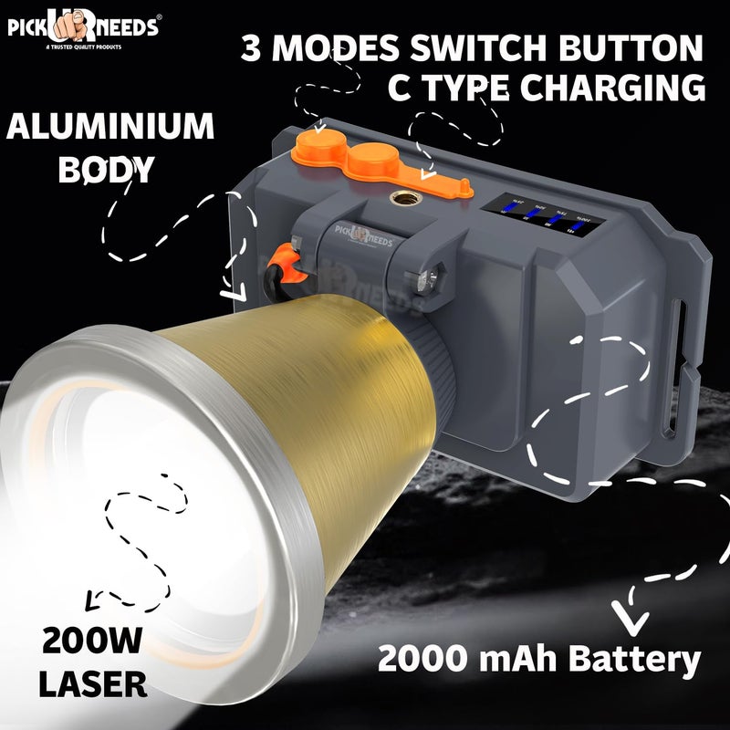 Pick Ur Needs Chargeable Head Lamp 3 Blink Mode Aluminum Body 4000mAh Battery 200W Bright LED 5 hrs Torch Headlamp Emergency Light (Gold) - Image 2