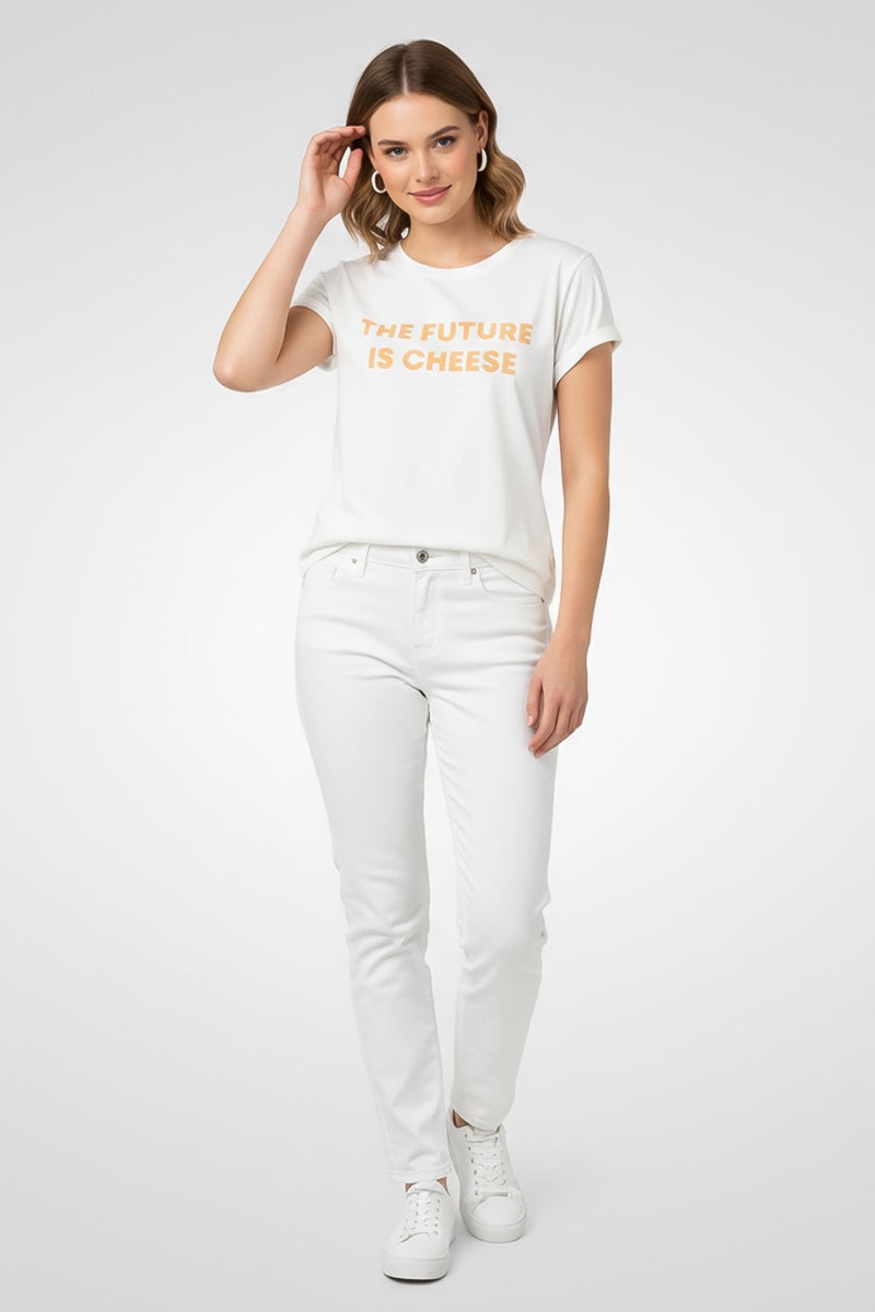 UNDIZ Women Crew Neck Short Sleeve Graphic Print T-Shirt, White - Image 1