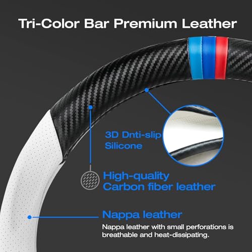 KEYOZA Leather Car Steering Wheel Cover, Anti-Slip, Safety, Soft, Breathable, Heavy Duty, Thick, Full Surround, Sports Style (Black-White) - Image 3