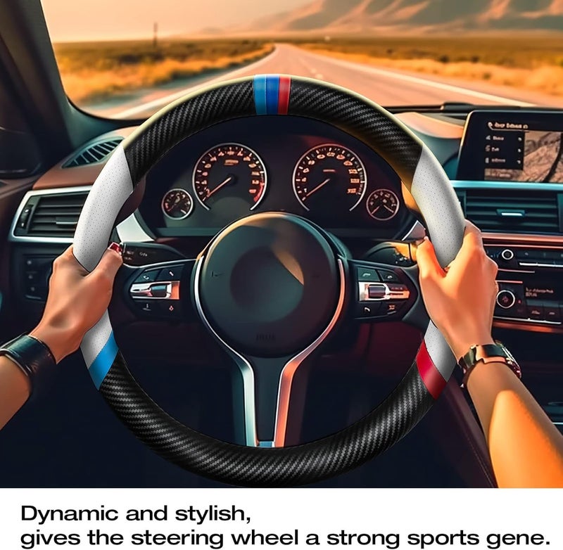 KEYOZA Leather Car Steering Wheel Cover, Anti-Slip, Safety, Soft, Breathable, Heavy Duty, Thick, Full Surround, Sports Style (Black-White) - Image 2