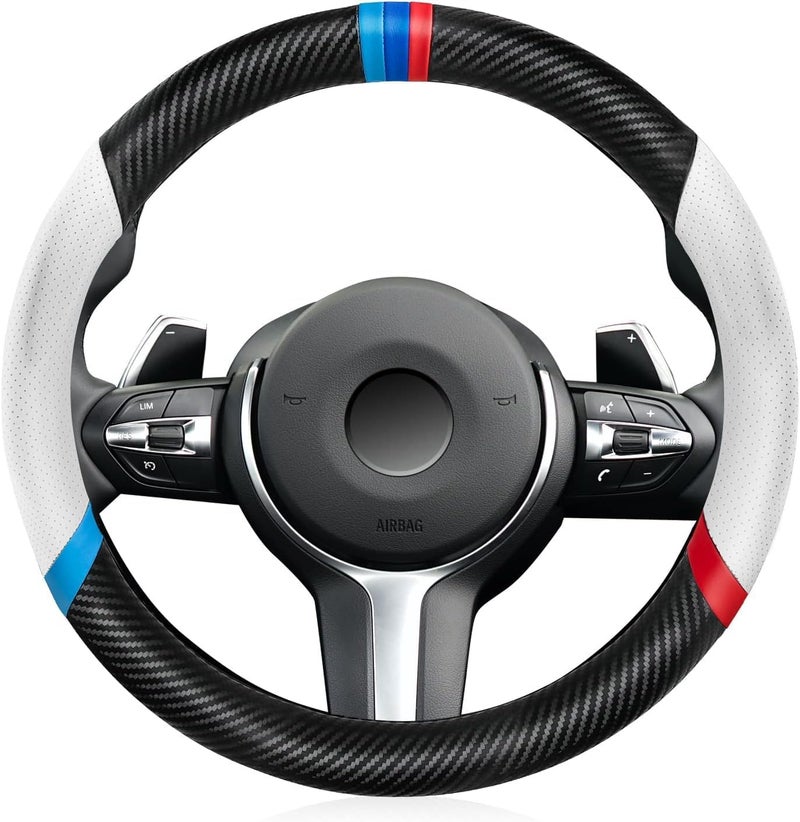 KEYOZA Leather Car Steering Wheel Cover, Anti-Slip, Safety, Soft, Breathable, Heavy Duty, Thick, Full Surround, Sports Style (Black-White) - Image 1