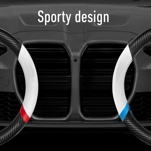 KEYOZA Leather Car Steering Wheel Cover, Anti-Slip, Safety, Soft, Breathable, Heavy Duty, Thick, Full Surround, Sports Style (Black-White) - Image 4
