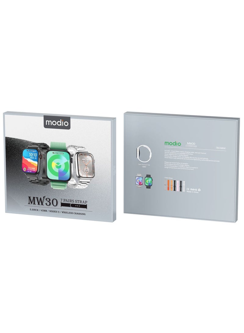 موديو ساعة ذكية Modio MW30 Series 9 مع شاشة عرض كاملة 2.2 بوصة و7 أزواج من الأشرطة وشاحن لاسلكي مصمم للسيدات والرجال باللون الأسود - Image 5