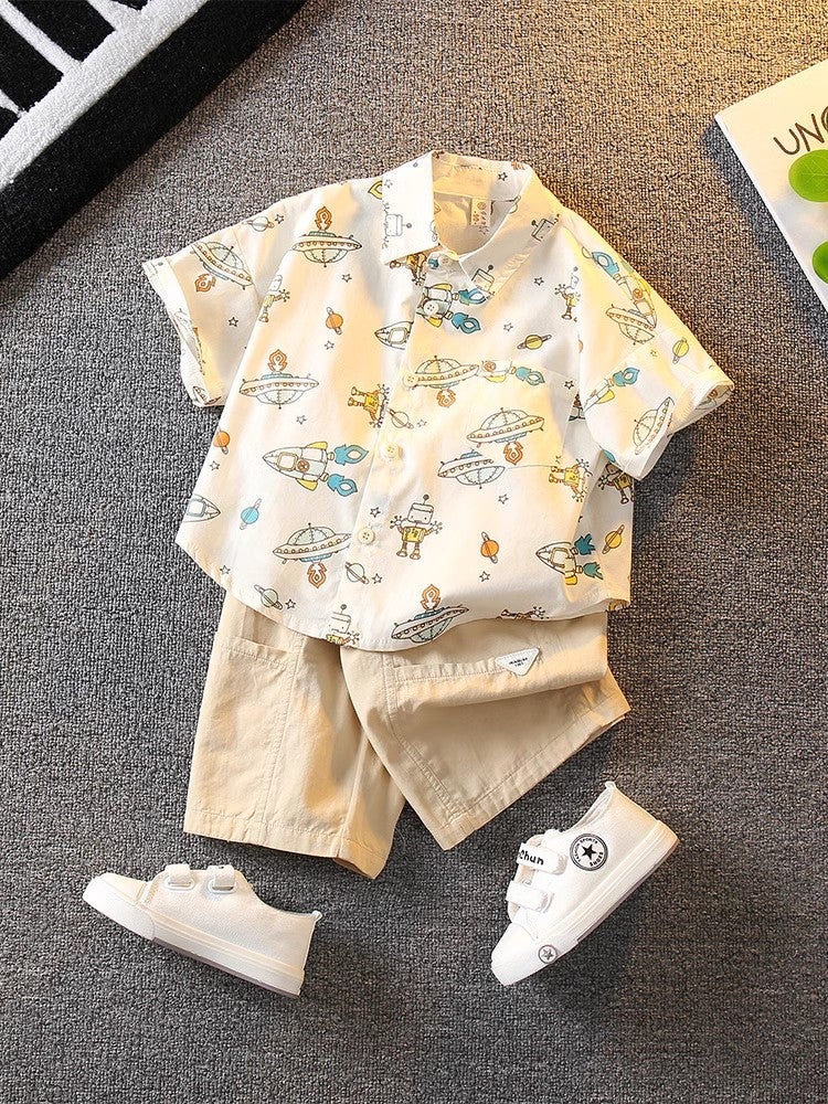 Boys' Summer Suit 25 New Western Style Baby Summer Cyber Red Shirt Short-Sleeved Clothes Children'S Cool And Handsome Children'S Clothing - Image 2