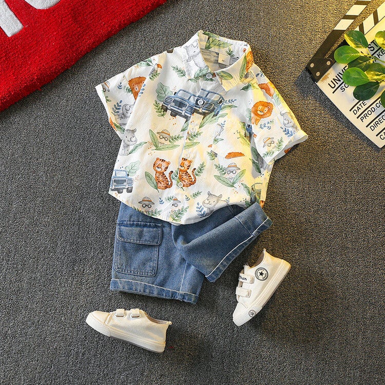 Boys' Summer Suit 25 New Western Style Baby Summer Cyber Red Shirt Short-Sleeved Clothes Children'S Cool And Handsome Children'S Clothing - Image 1