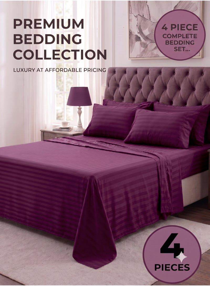 ZEESQUARE 4-Piece Luxury Purple Striped King Size Bed Sheet Set | Premium Hotel Collection Bedding Set with Duvet Cover, Fitted Sheet & Pillow Cases | Soft Comfortable Bedroom Bedding for Modern Home Décor - Image 1