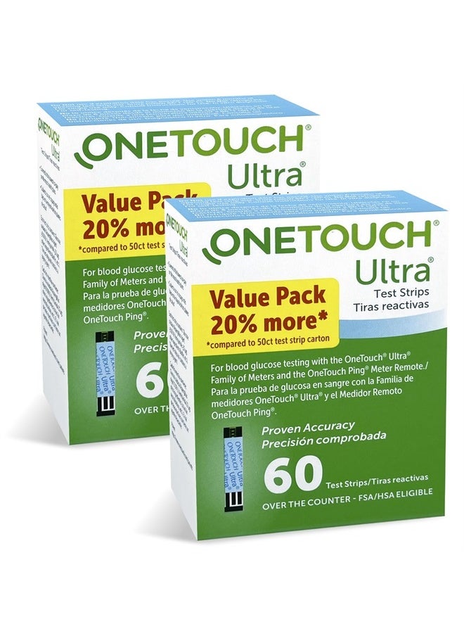 ONETOUCH Ultra Test Strips for Diabetes - 120 Count Diabetic Test Strips | Blood Sugar Test Strips for Blood Glucose Monitor Kit (2 Boxes, 60 Diabetes Test Strips Each)  - Image 1