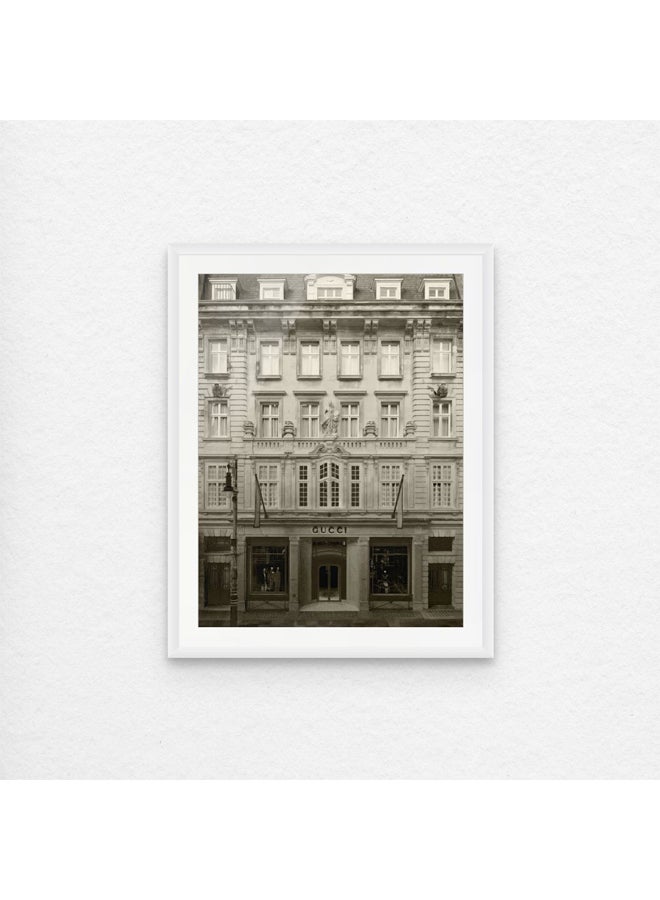Art Decor Framed Fine Art Portrait Print of Luxury Boutique Gucci Storefront Wall Art Vintage Architecture Photography European Building Illustration Fashion-Inspired Wall Décor and Gifting - Image 1