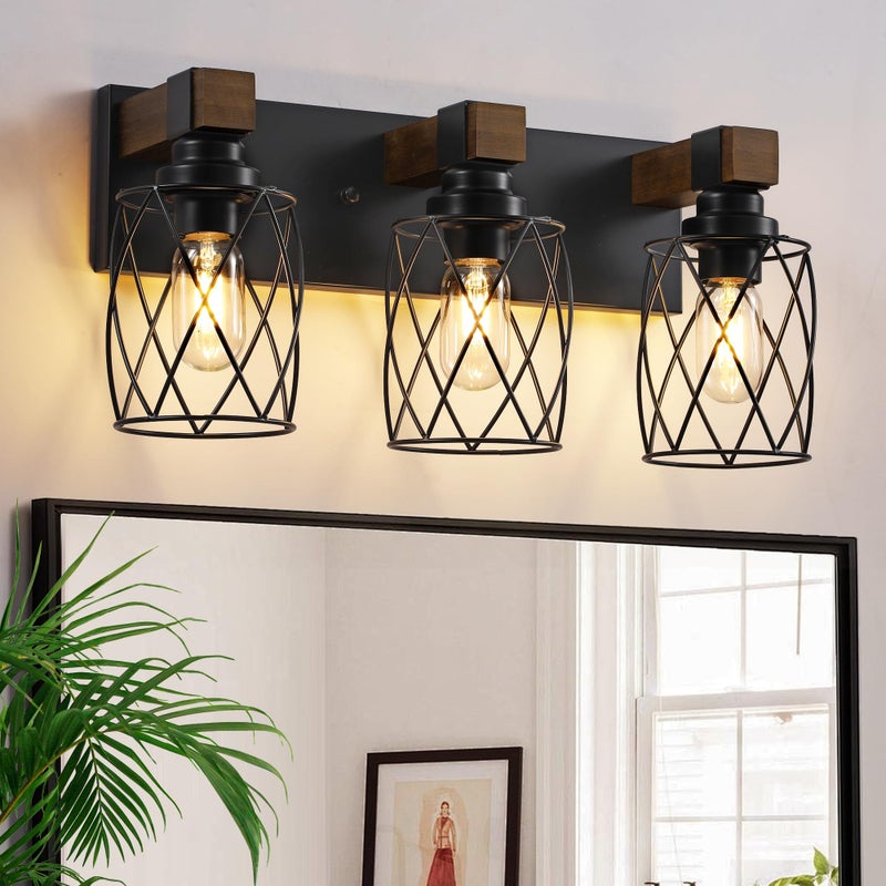 XvmBvm Farmhouse Bathroom Vanity Light 3Light Wood Bathroom Light Fixtures Over Mirror Black Industrial Vanity Lights with Metal Shade Rustic Bathrooms Lighting for Living Room Bedroom Hallway - Image 2