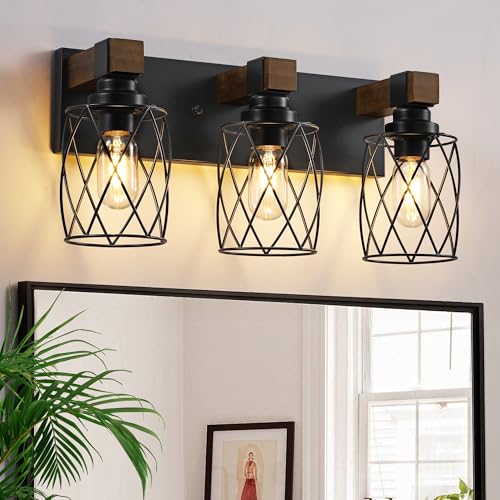 XvmBvm Farmhouse Bathroom Vanity Light 3Light Wood Bathroom Light Fixtures Over Mirror Black Industrial Vanity Lights with Metal Shade Rustic Bathrooms Lighting for Living Room Bedroom Hallway - Image 1