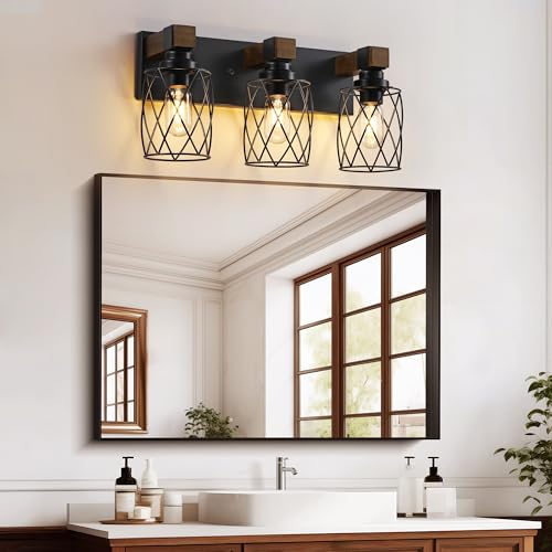 XvmBvm Farmhouse Bathroom Vanity Light 3Light Wood Bathroom Light Fixtures Over Mirror Black Industrial Vanity Lights with Metal Shade Rustic Bathrooms Lighting for Living Room Bedroom Hallway - Image 3