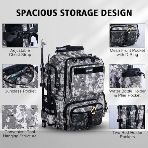 Goture Fishing Backpack 900D WaterResistant Tackle Backpack with Rod Holders 45L Large Fishing Bag Storage Gear Tackle Bag with 8 Lure Pockets Rain Cover for Camping HikingWithout Tackle Box - Image 3