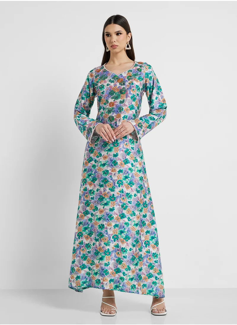 ARABIAN CLOSET Embellished Belted Jalabiya