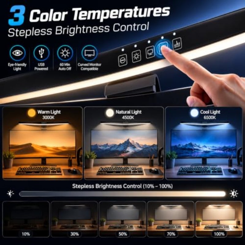 RGB Monitor Light Bar, Computer Monitor Light, Curved Computer Monitor Lamp with 7-Color RGB Adjustable+3-Color Main Light Modes, LED Screen Monitor Light Bar for Desk Home Office Gaming - Image 4