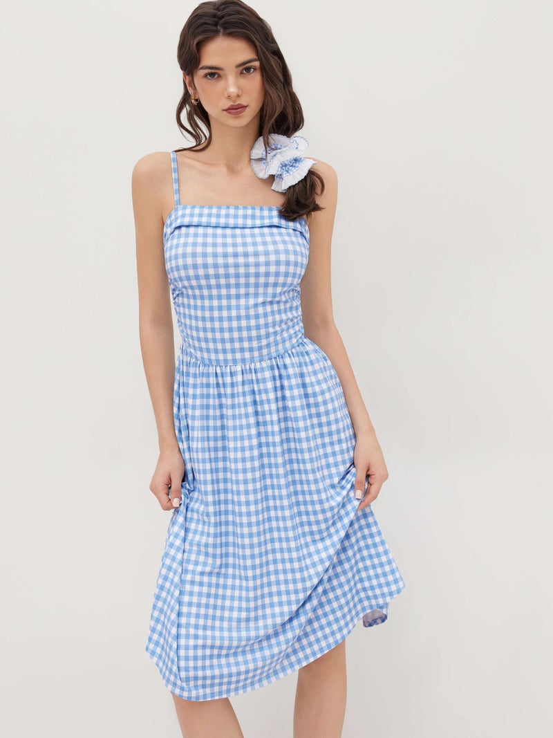 CIDER Women's Summer Gingham Midi Dress Sleeveless Ruched Plaid Dress Spaghetti Strap Dresses Casual Trendy Sky Blue - Image 3