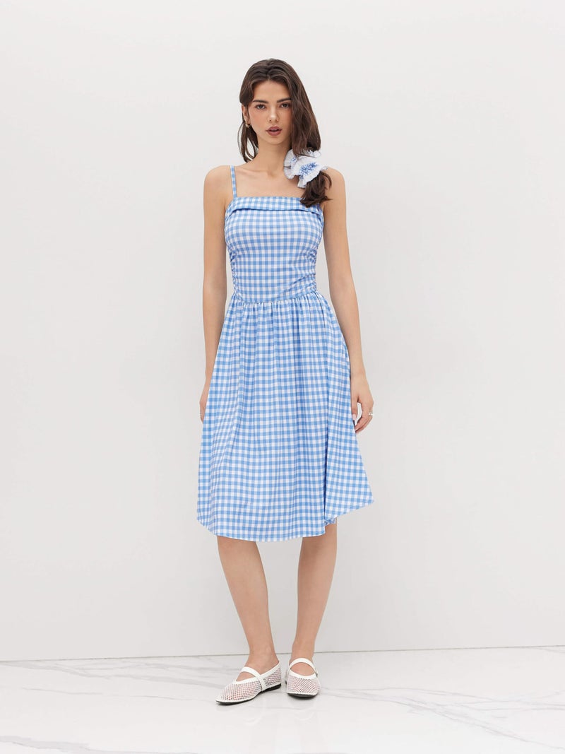 CIDER Women's Summer Gingham Midi Dress Sleeveless Ruched Plaid Dress Spaghetti Strap Dresses Casual Trendy Sky Blue - Image 4