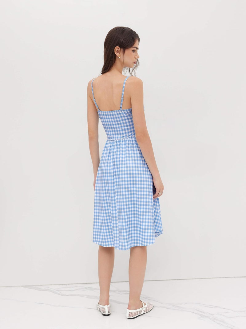 CIDER Women's Summer Gingham Midi Dress Sleeveless Ruched Plaid Dress Spaghetti Strap Dresses Casual Trendy Sky Blue - Image 5