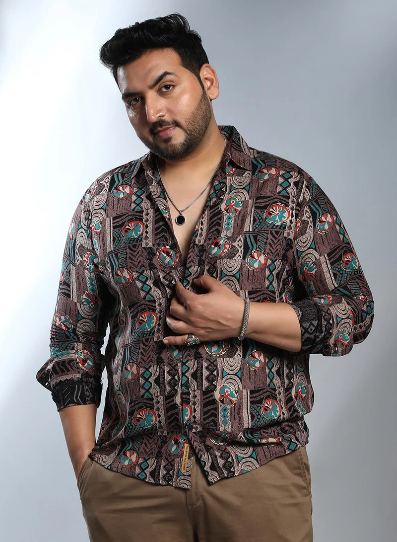 انستافاب بلس قميص رجالي مقاس كبير بنقوش نباتية بني ترابي للاستخدام اليومي بياقة عريضة وأكمام طويلة بأزرار