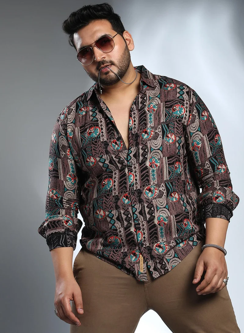 انستافاب بلس قميص رجالي مقاس كبير بنقوش نباتية بني ترابي للاستخدام اليومي بياقة عريضة وأكمام طويلة بأزرار