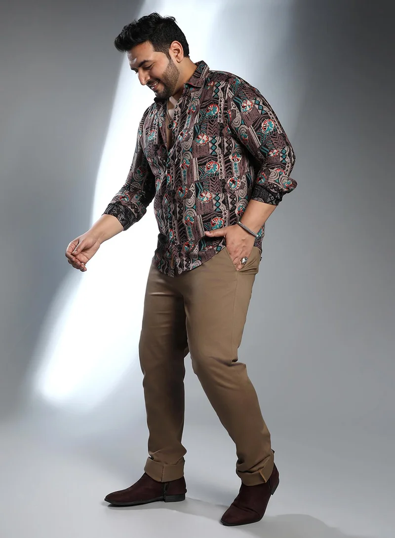 Instafab Plus  Instafab Plus Men's Taupe Brown Botanical Relic Shirt For Casual Wear | Spread Collar | Long Cuffed Sleeves | Button Closure | Plus Size Shirt Crafted With Comfort Fit For Everyday Wear for Men | Best Price UAE