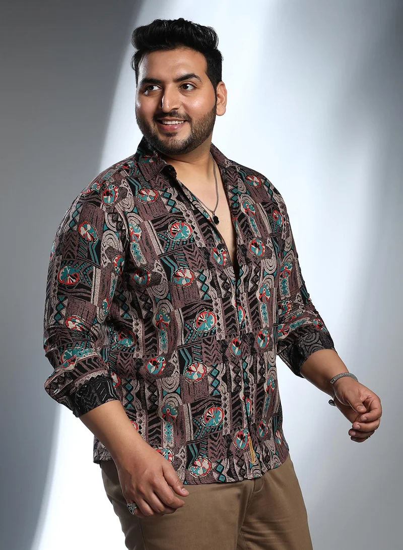 Instafab Plus  Instafab Plus Men's Taupe Brown Botanical Relic Shirt For Casual Wear | Spread Collar | Long Cuffed Sleeves | Button Closure | Plus Size Shirt Crafted With Comfort Fit For Everyday Wear for Men | Best Price UAE