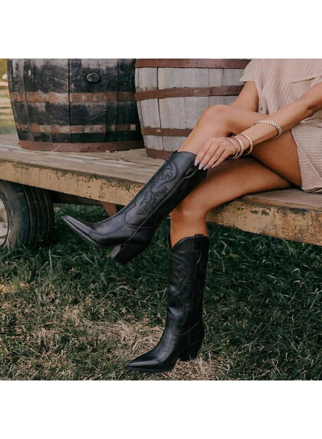ISNOM Cowgirl Boots for Women, Embroidered Pointed Toe Chunky Heel Western Mid Calf Boots, Black, 9.5 - Image 2