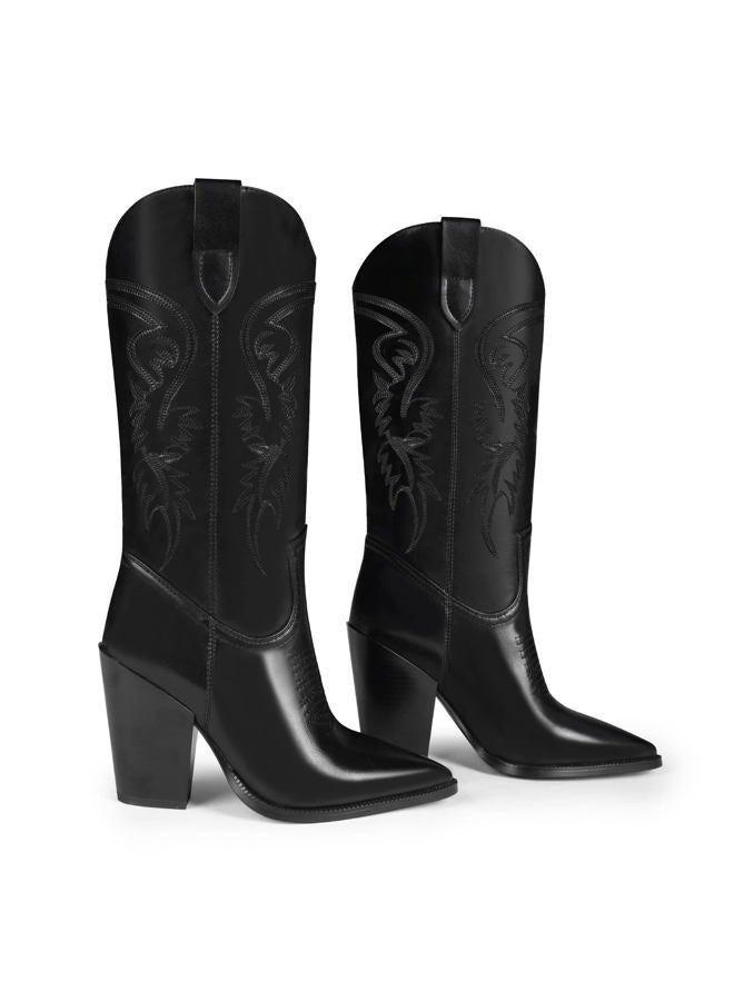 ISNOM Cowgirl Boots for Women, Embroidered Pointed Toe Chunky Heel Western Mid Calf Boots, Black, 9.5 - Image 5