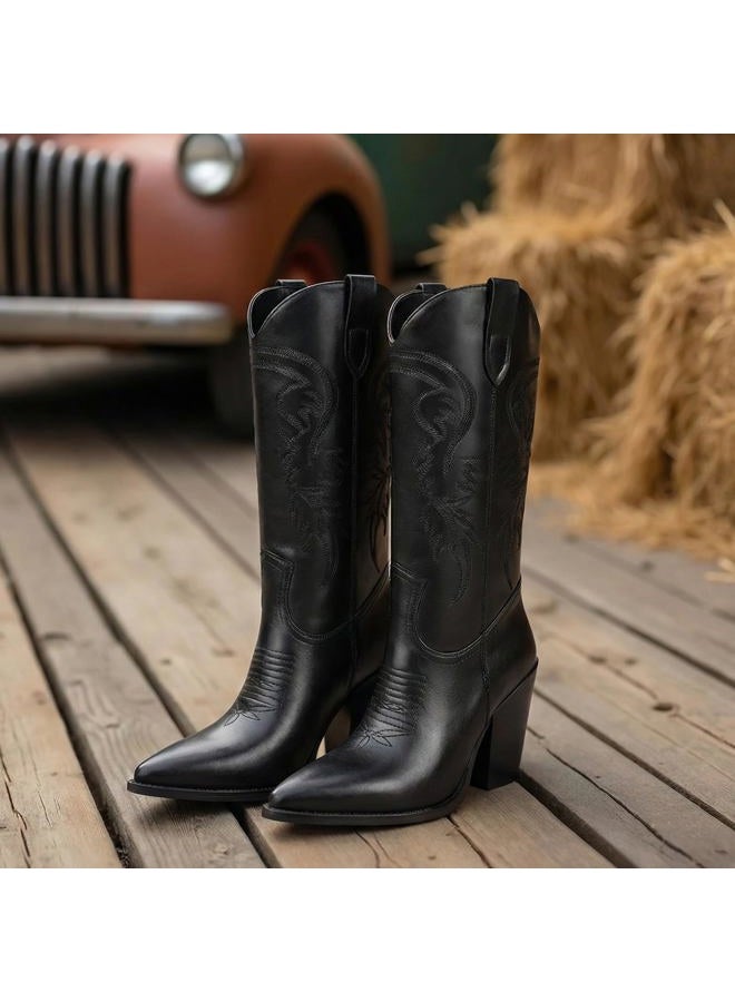 ISNOM Cowgirl Boots for Women, Embroidered Pointed Toe Chunky Heel Western Mid Calf Boots, Black, 9.5 - Image 3