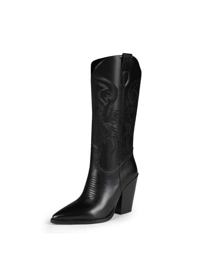 ISNOM Cowgirl Boots for Women, Embroidered Pointed Toe Chunky Heel Western Mid Calf Boots, Black, 9.5 - Image 1