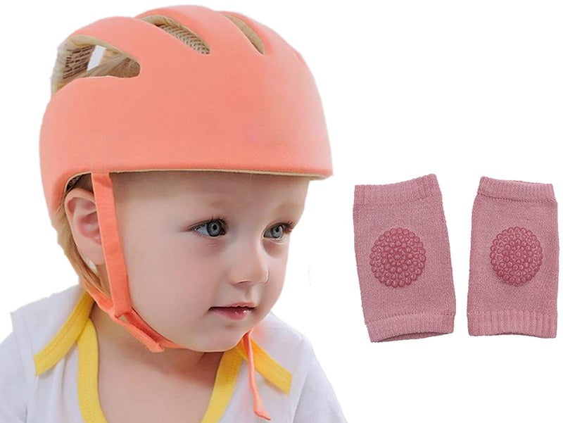 DearJoy Baby Head Protector Helmet with Adjustable Safety Chin Harness – Prevents Bumps & Falls | Baby Safety Helmet (6 to 60 Months) | Combo with Kneepads (Orange) - Image 1