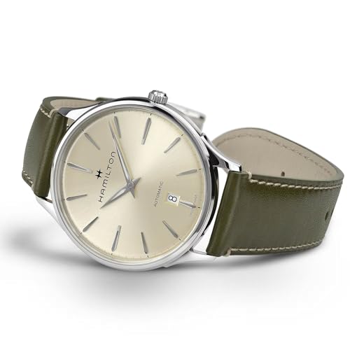 Hamilton Watch Jazzmaster Thinline Auto | Swiss Made | 40mm Stainless Steel Case | White Dial Analog Watch | Green Leather Strap (Model: H38525811) - Image 4