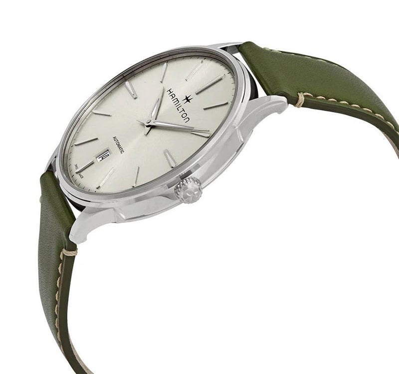 Hamilton Watch Jazzmaster Thinline Auto | Swiss Made | 40mm Stainless Steel Case | White Dial Analog Watch | Green Leather Strap (Model: H38525811) - Image 2