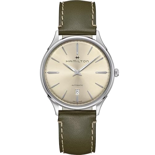 Hamilton Watch Jazzmaster Thinline Auto | Swiss Made | 40mm Stainless Steel Case | White Dial Analog Watch | Green Leather Strap (Model: H38525811) - Image 1