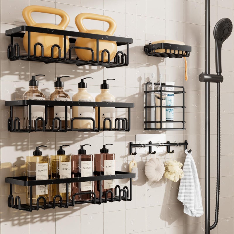 Veken Shower Caddy 6Pack Advanced Rustproof Design No Drilling Adhesive Shelves Rack with Soap Holder Large Capacity Bathroom Organizers and Storage WallMounted Kitchen Home Decor Black - Image 2